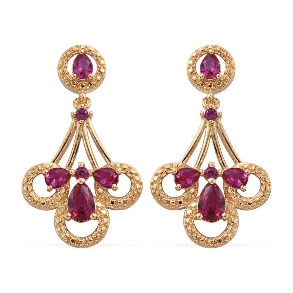 Simulated Ruby ION Plated 18K YG Brass Dangle Earrings TGW 2.02 cts.